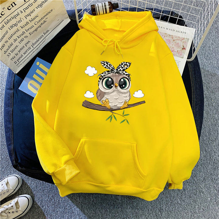 Kvinnors sweatshirt med huva med söt ugglemotiv Mirla-Eva Jonsson