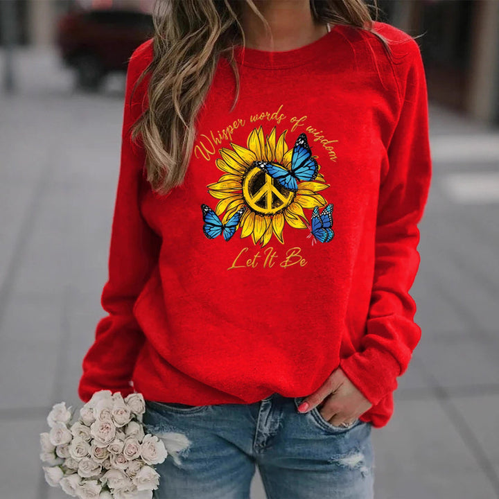 Kvinnors sweatshirt med konstnärlig design av solros och fjäril Mirla-Eva Jonsson
