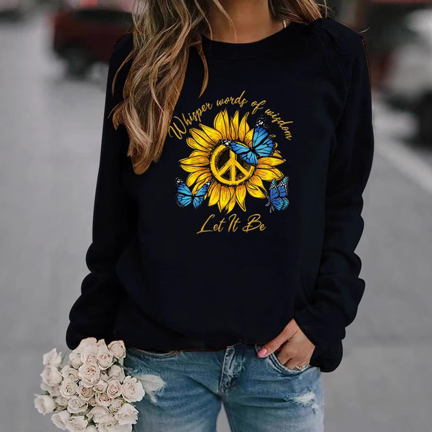 Kvinnors sweatshirt med konstnärlig design av solros och fjäril Mirla-Eva Jonsson