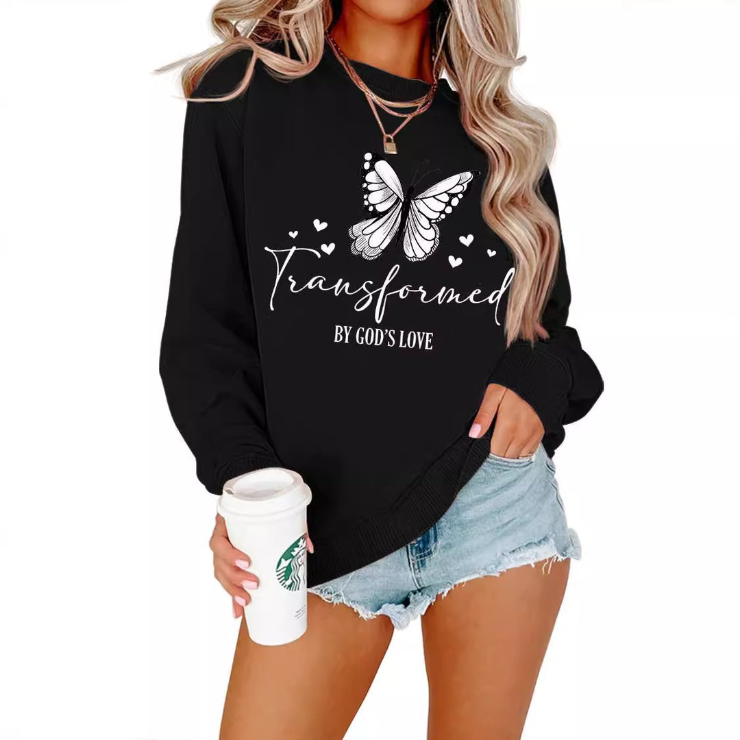 Kvinnors sweatshirt med konstnärlig fjärilsmotiv och inspirerande slogan Mirla-Eva Jonsson