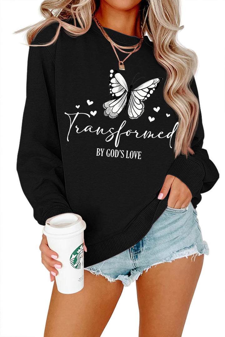 Kvinnors sweatshirt med konstnärlig fjärilsmotiv och inspirerande slogan Mirla-Eva Jonsson
