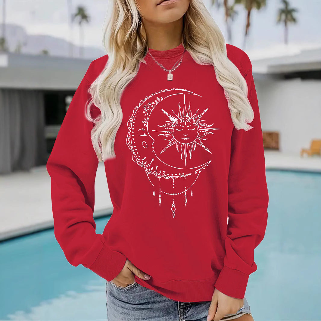 Kvinnors sweatshirt med konstnärlig sol- och måndesign Mirla-Eva Jonsson