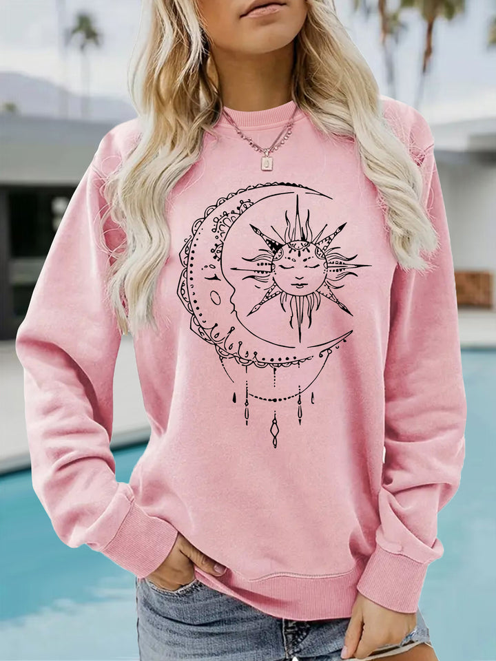 Kvinnors sweatshirt med konstnärlig sol- och måndesign Mirla-Eva Jonsson