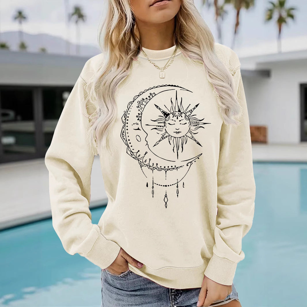Kvinnors sweatshirt med konstnärlig sol- och måndesign Mirla-Eva Jonsson