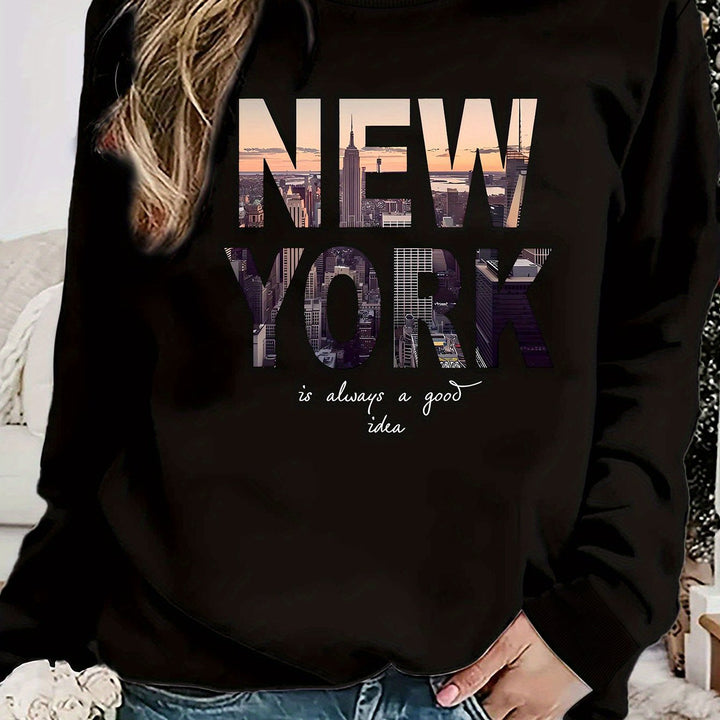 Kvinnors sweatshirt med kreativ New York skyline-tryck och bekväm passform Mirla-Eva Jonsson