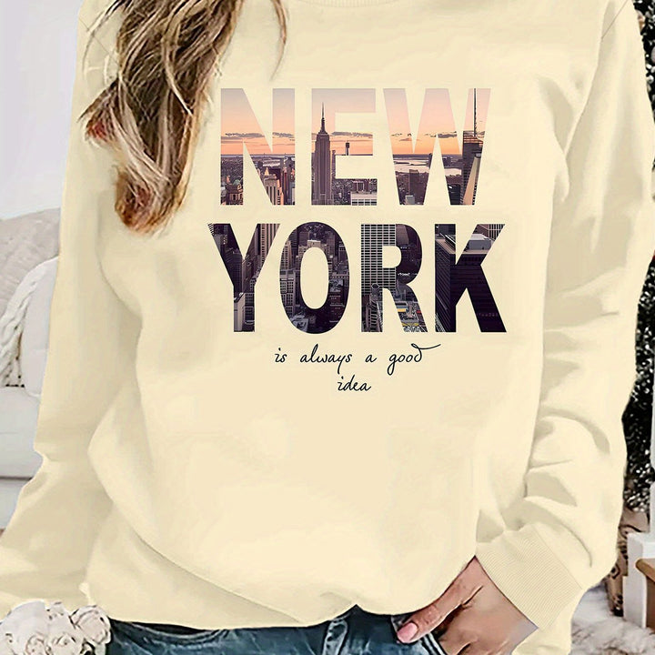 Kvinnors sweatshirt med kreativ New York skyline-tryck och bekväm passform Mirla-Eva Jonsson