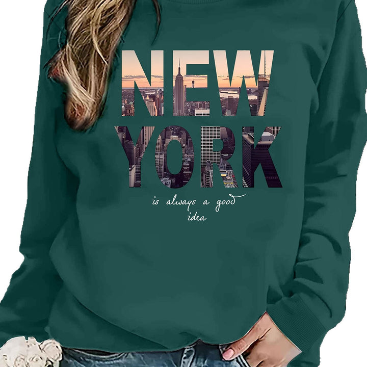 Kvinnors sweatshirt med kreativ New York skyline-tryck och bekväm passform Mirla-Eva Jonsson