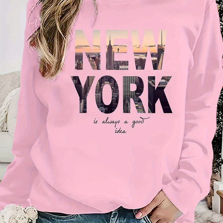 Kvinnors sweatshirt med kreativ New York skyline-tryck och bekväm passform Mirla-Eva Jonsson