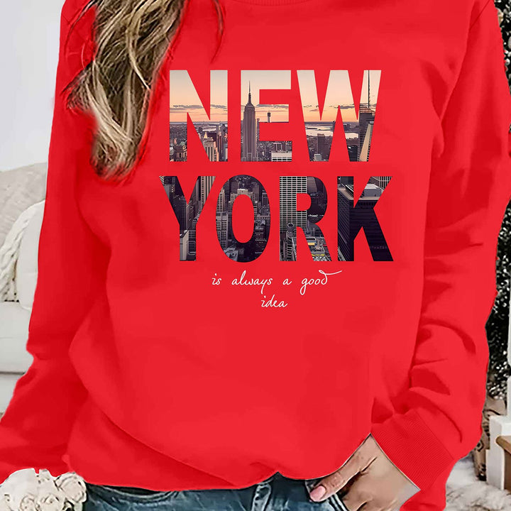 Kvinnors sweatshirt med kreativ New York skyline-tryck och bekväm passform Mirla-Eva Jonsson