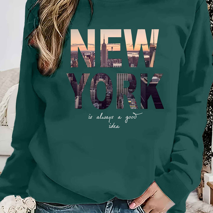 Kvinnors sweatshirt med kreativ New York skyline-tryck och bekväm passform Mirla-Eva Jonsson