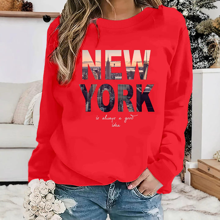 Kvinnors sweatshirt med kreativ New York skyline-tryck och bekväm passform Mirla-Eva Jonsson