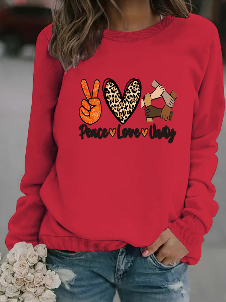 Kvinnors sweatshirt med kreativ Peace, Love & Unity design Mirla-Eva Jonsson
