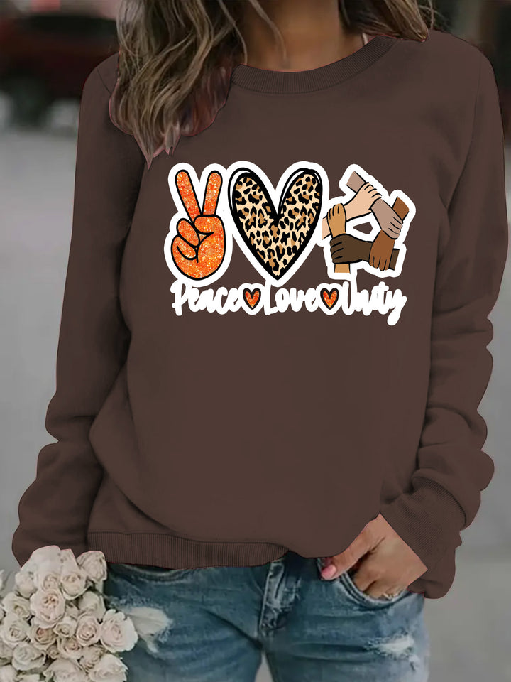 Kvinnors sweatshirt med kreativ Peace, Love & Unity design Mirla-Eva Jonsson