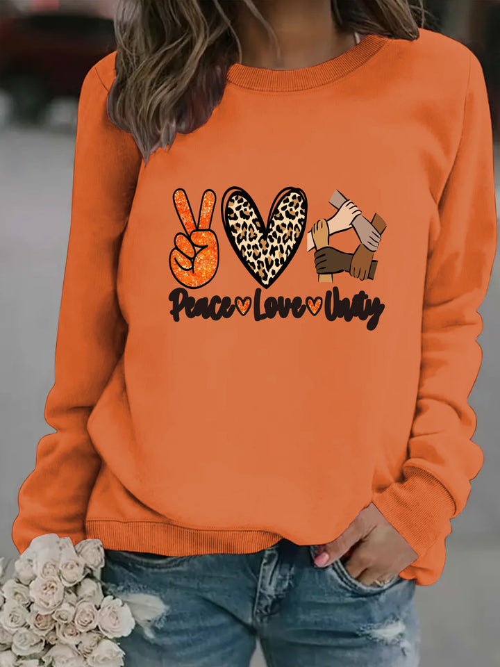 Kvinnors sweatshirt med kreativ Peace, Love & Unity design Mirla-Eva Jonsson