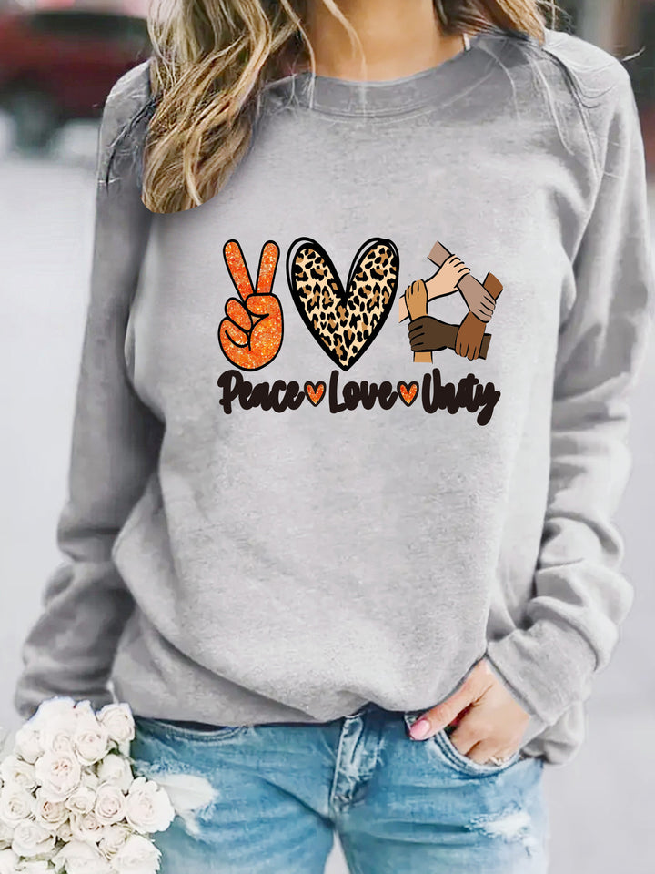 Kvinnors sweatshirt med kreativ Peace, Love & Unity design Mirla-Eva Jonsson