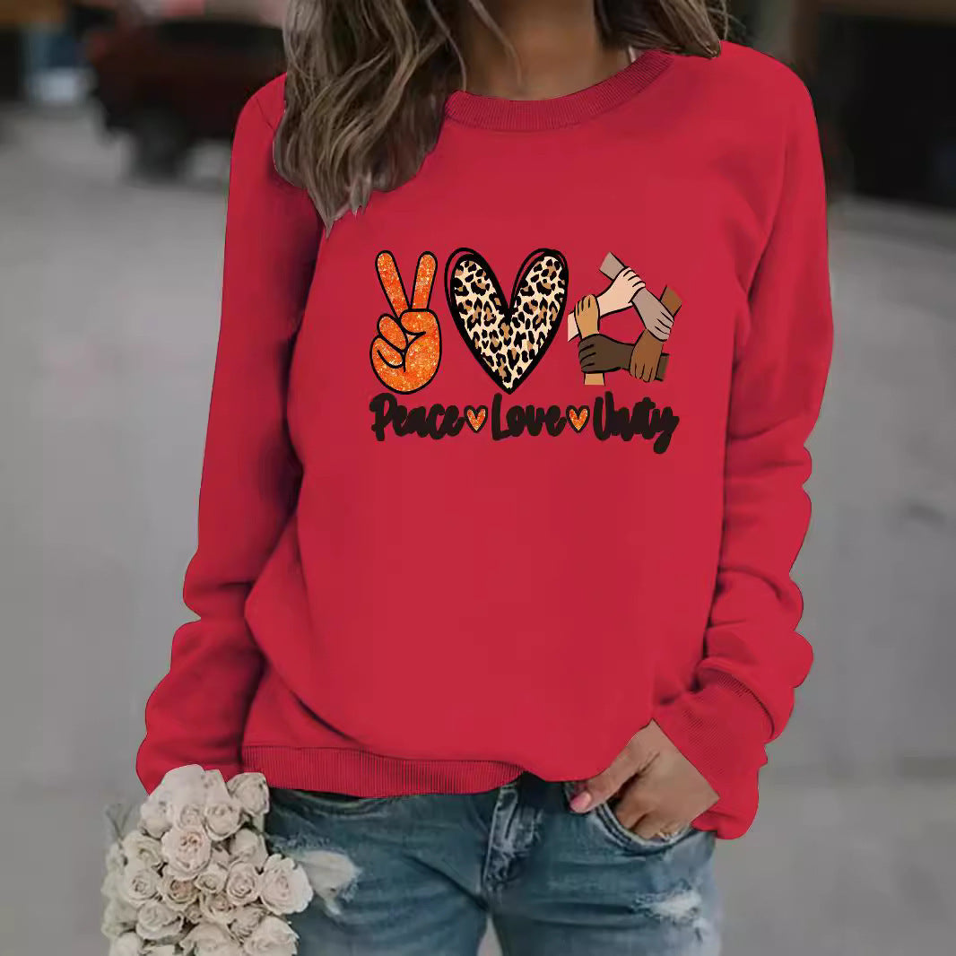 Kvinnors sweatshirt med kreativ Peace, Love & Unity design Mirla-Eva Jonsson