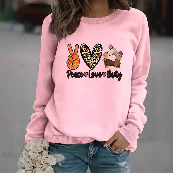 Kvinnors sweatshirt med kreativ Peace, Love & Unity design Mirla-Eva Jonsson