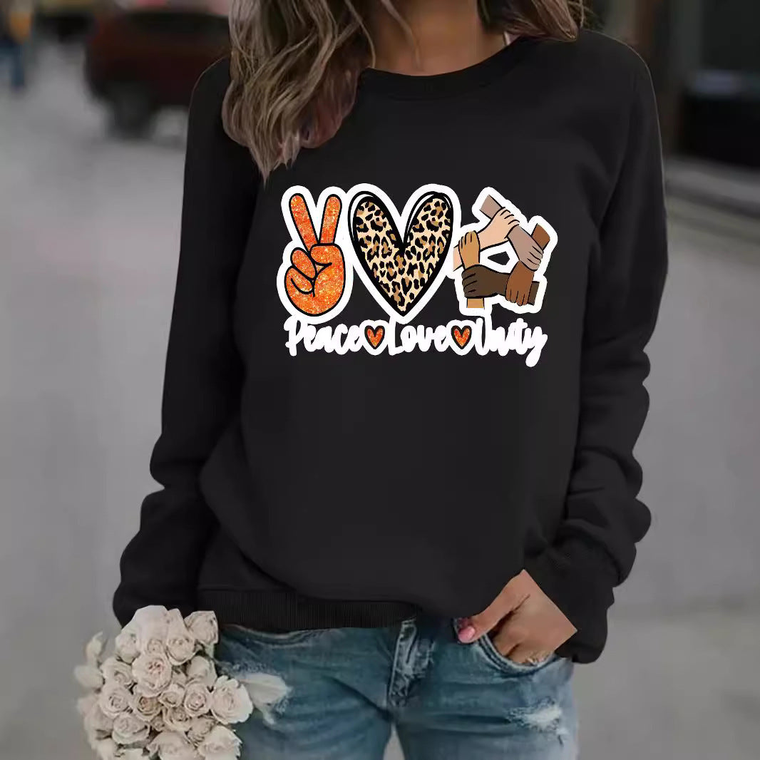 Kvinnors sweatshirt med kreativ Peace, Love & Unity design Mirla-Eva Jonsson