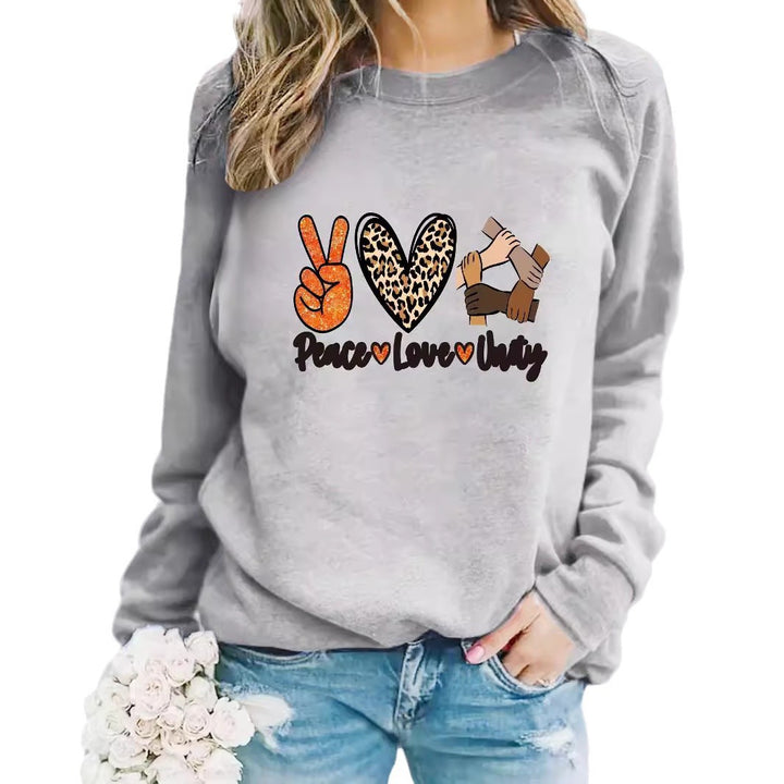 Kvinnors sweatshirt med kreativ Peace, Love & Unity design Mirla-Eva Jonsson