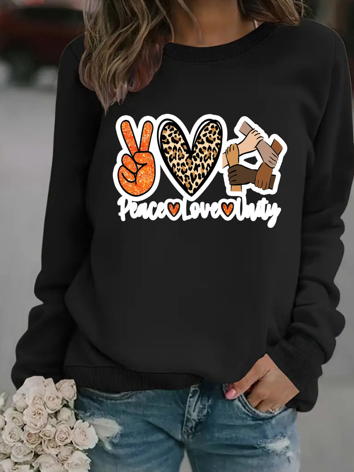 Kvinnors sweatshirt med kreativ Peace, Love & Unity design Mirla-Eva Jonsson