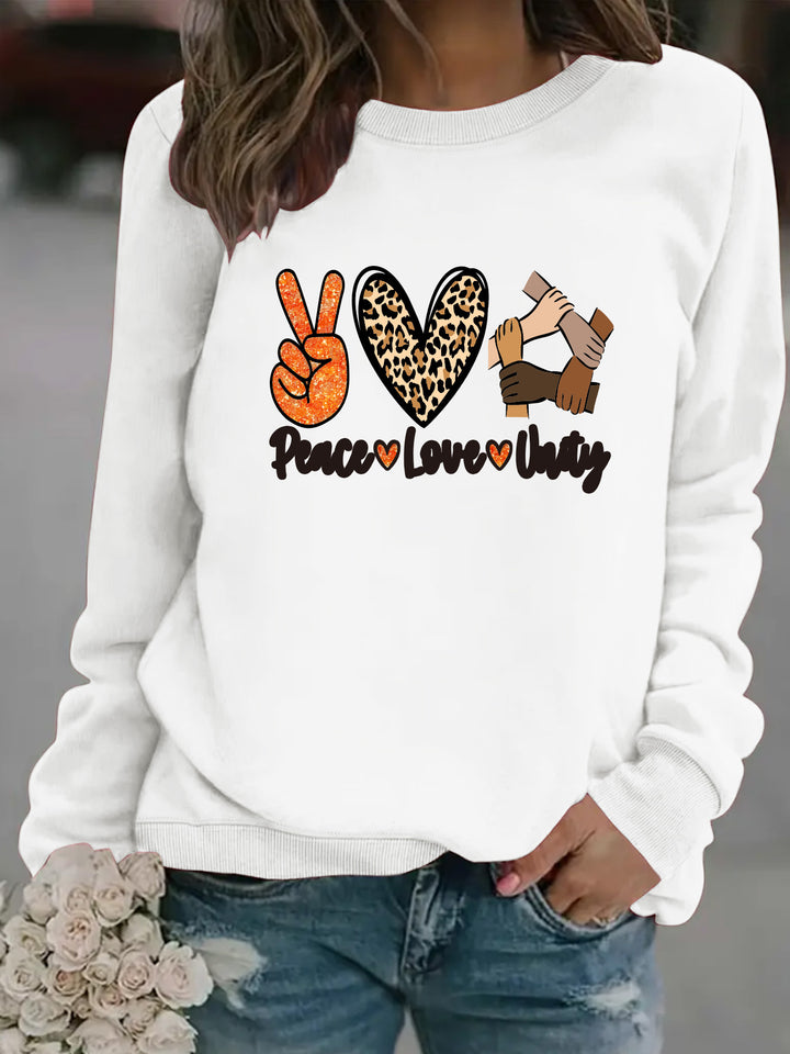 Kvinnors sweatshirt med kreativ Peace, Love & Unity design Mirla-Eva Jonsson