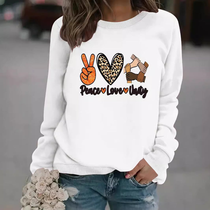 Kvinnors sweatshirt med kreativ Peace, Love & Unity design Mirla-Eva Jonsson