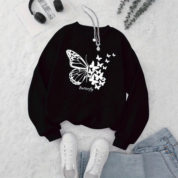 Kvinnors sweatshirt med kreativ fjärilsmotiv och avslappnad skärning Mirla-Eva Jonsson