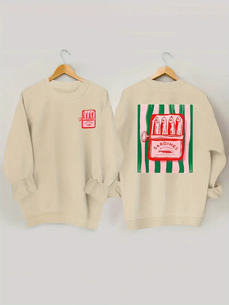 Kvinnors sweatshirt med kreativ sardinfotografi och avslappnad passform Mirla-Eva Jonsson