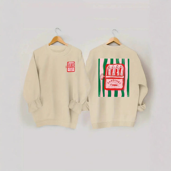 Kvinnors sweatshirt med kreativ sardinfotografi och avslappnad passform Mirla-Eva Jonsson