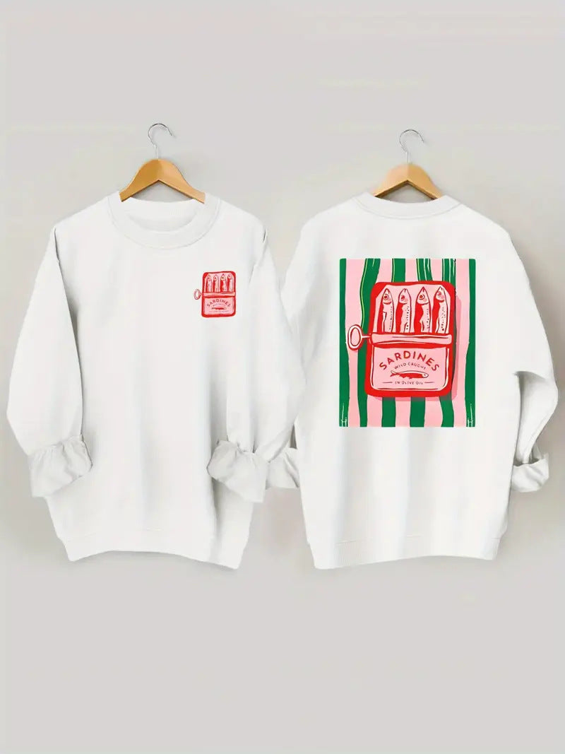 Kvinnors sweatshirt med kreativ sardinfotografi och avslappnad passform Mirla-Eva Jonsson