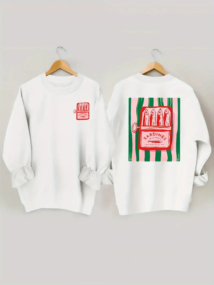 Kvinnors sweatshirt med kreativ sardinfotografi och avslappnad passform Mirla-Eva Jonsson