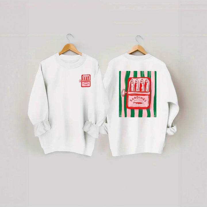Kvinnors sweatshirt med kreativ sardinfotografi och avslappnad passform Mirla-Eva Jonsson