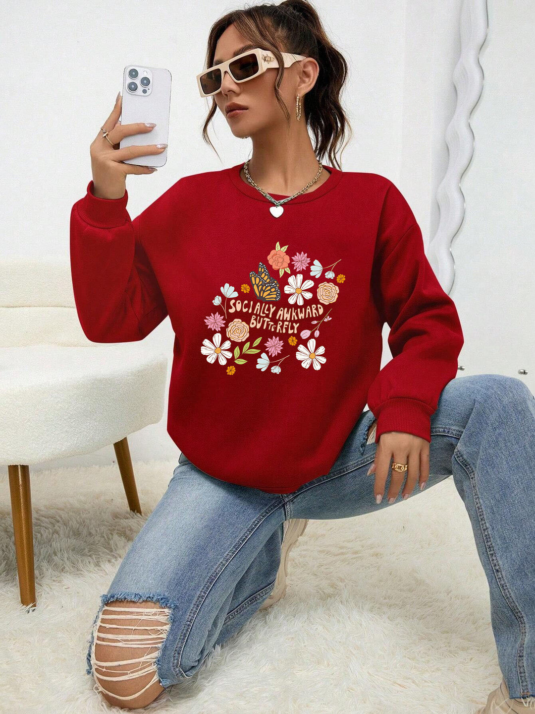 Kvinnors sweatshirt med kreativt blommönster och inspirerande tryck Mirla-Eva Jonsson