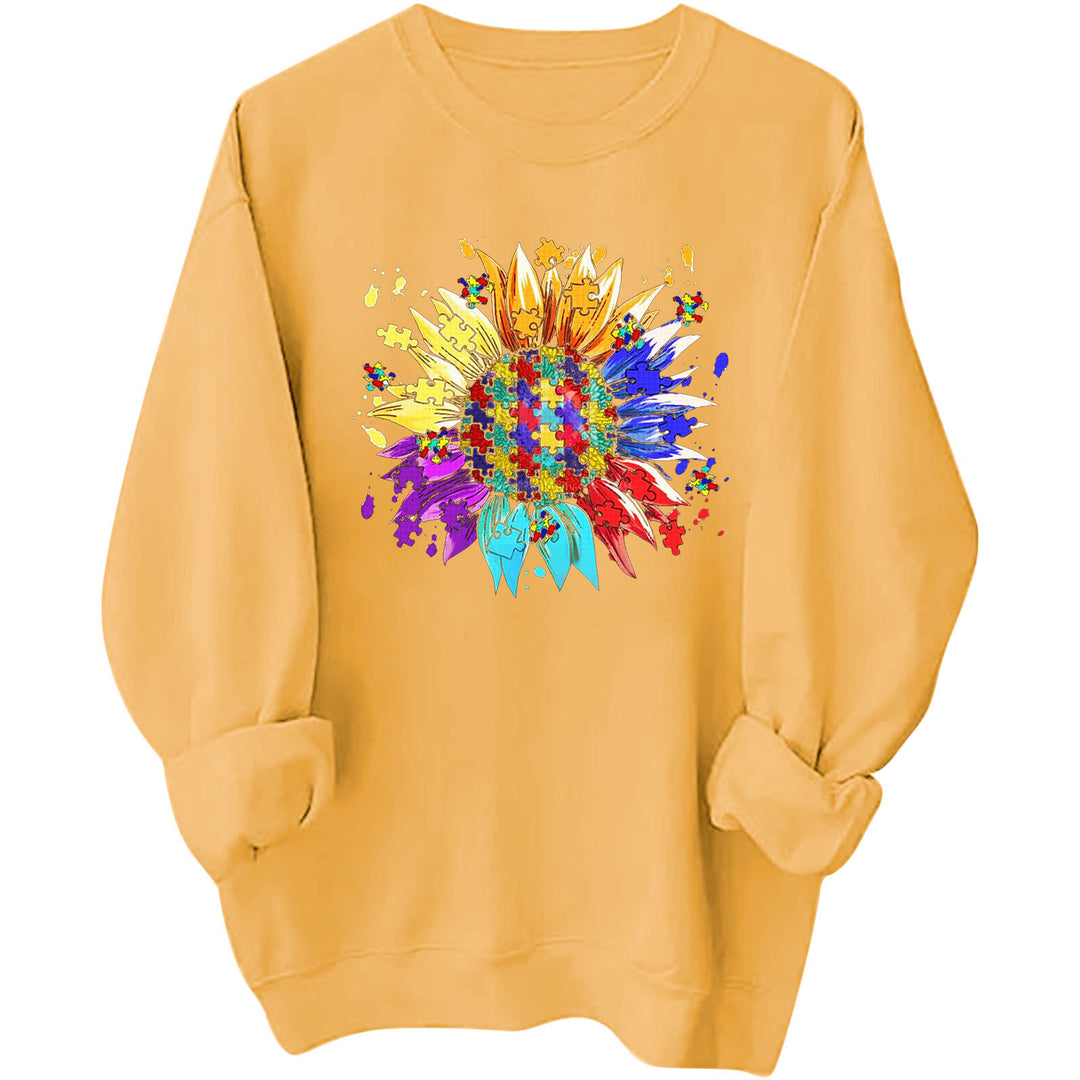 Kvinnors sweatshirt med kreativt pusselblomdesign och bekväm passform Mirla-Eva Jonsson