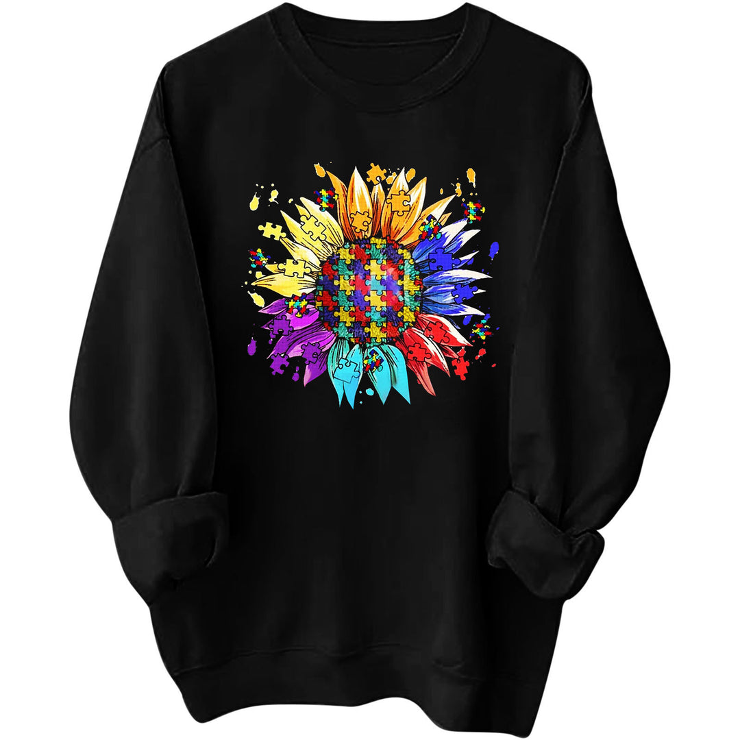 Kvinnors sweatshirt med kreativt pusselblomdesign och bekväm passform Mirla-Eva Jonsson