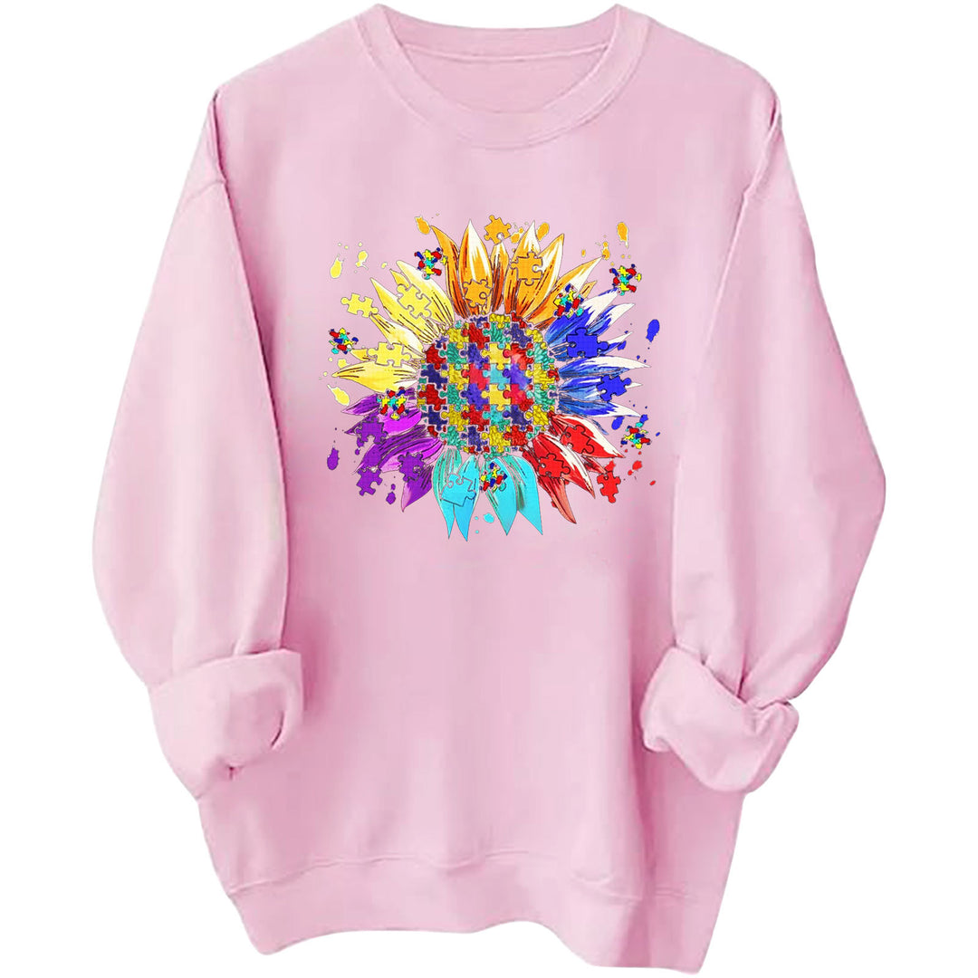 Kvinnors sweatshirt med kreativt pusselblomdesign och bekväm passform Mirla-Eva Jonsson