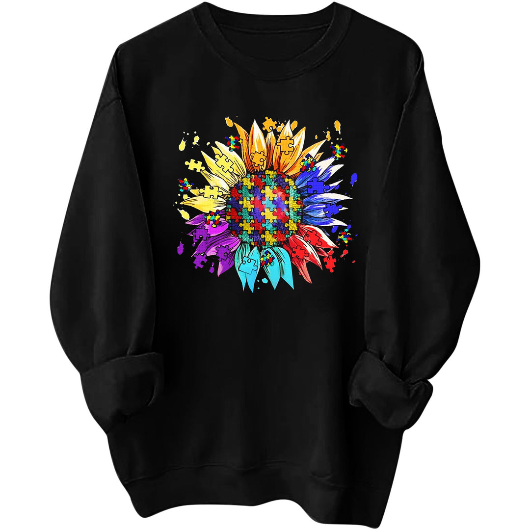Kvinnors sweatshirt med kreativt pusselblomdesign och bekväm passform Mirla-Eva Jonsson