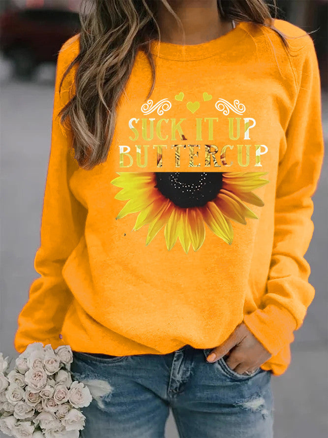 Kvinnors sweatshirt med kreativt solrostryck och motiverande citat Mirla-Eva Jonsson