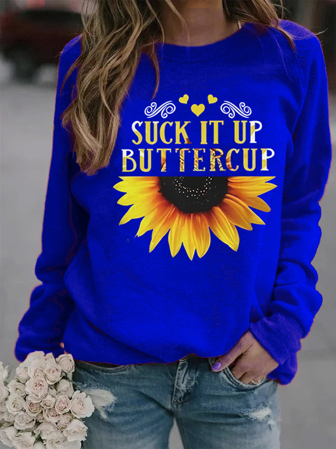 Kvinnors sweatshirt med kreativt solrostryck och motiverande citat Mirla-Eva Jonsson