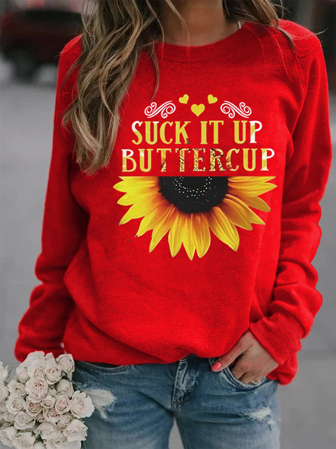 Kvinnors sweatshirt med kreativt solrostryck och motiverande citat Mirla-Eva Jonsson