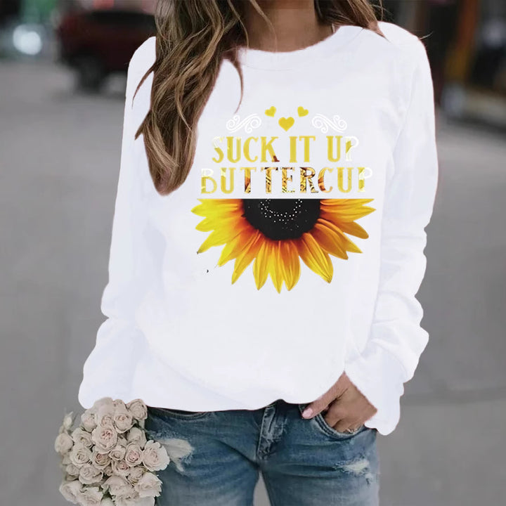 Kvinnors sweatshirt med kreativt solrostryck och motiverande citat Mirla-Eva Jonsson