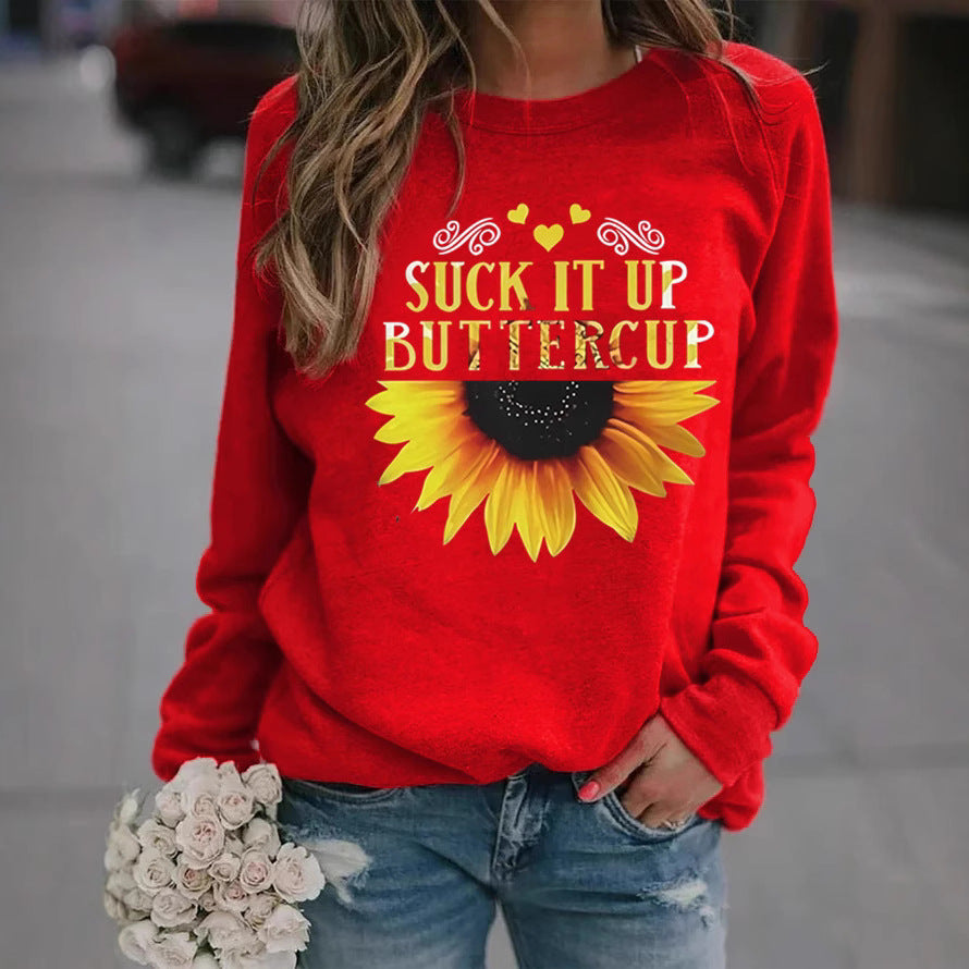 Kvinnors sweatshirt med kreativt solrostryck och motiverande citat Mirla-Eva Jonsson