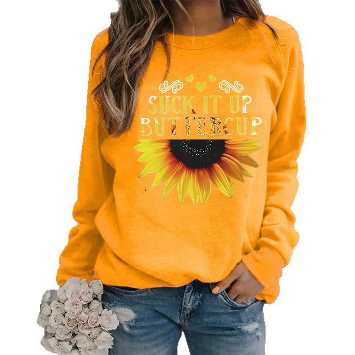 Kvinnors sweatshirt med kreativt solrostryck och motiverande citat Mirla-Eva Jonsson