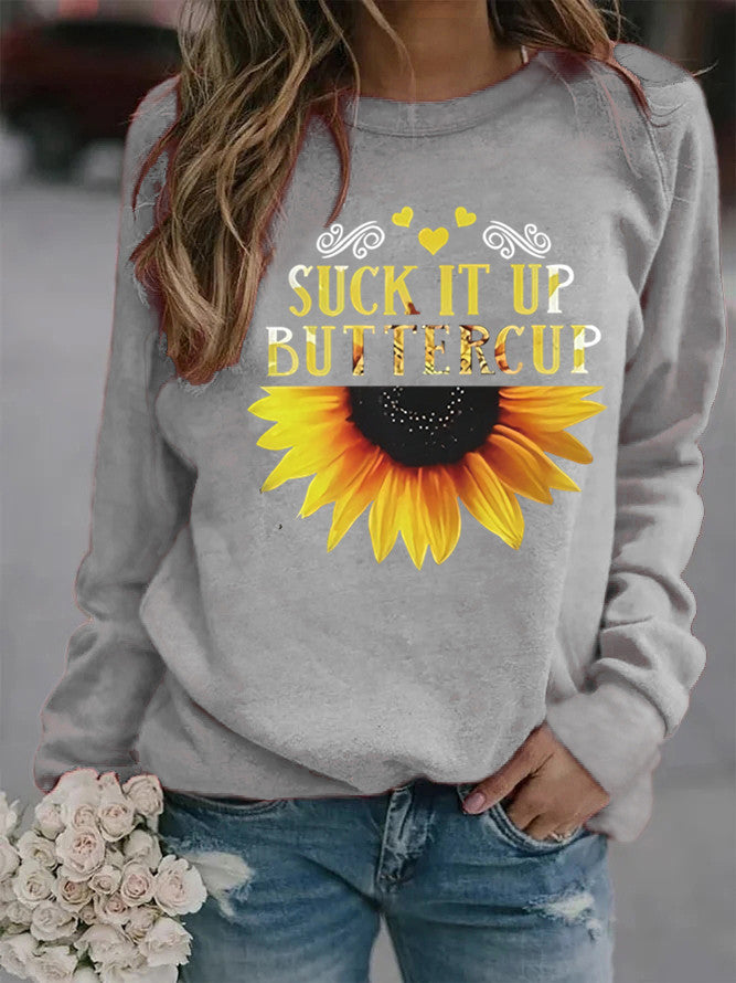 Kvinnors sweatshirt med kreativt solrostryck och motiverande citat Mirla-Eva Jonsson