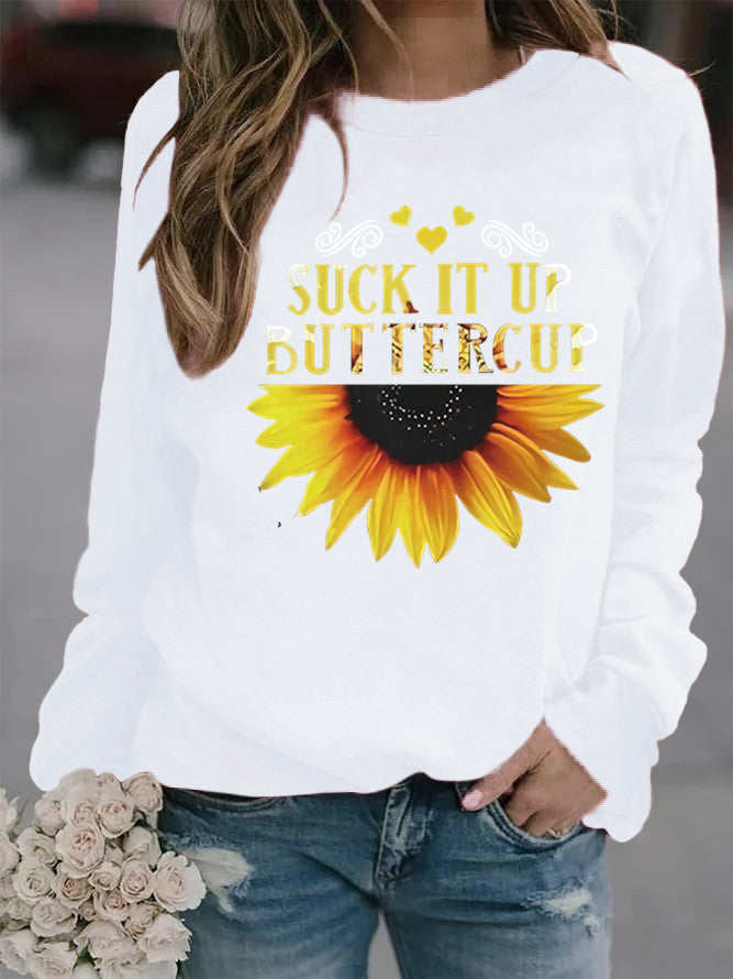 Kvinnors sweatshirt med kreativt solrostryck och motiverande citat Mirla-Eva Jonsson