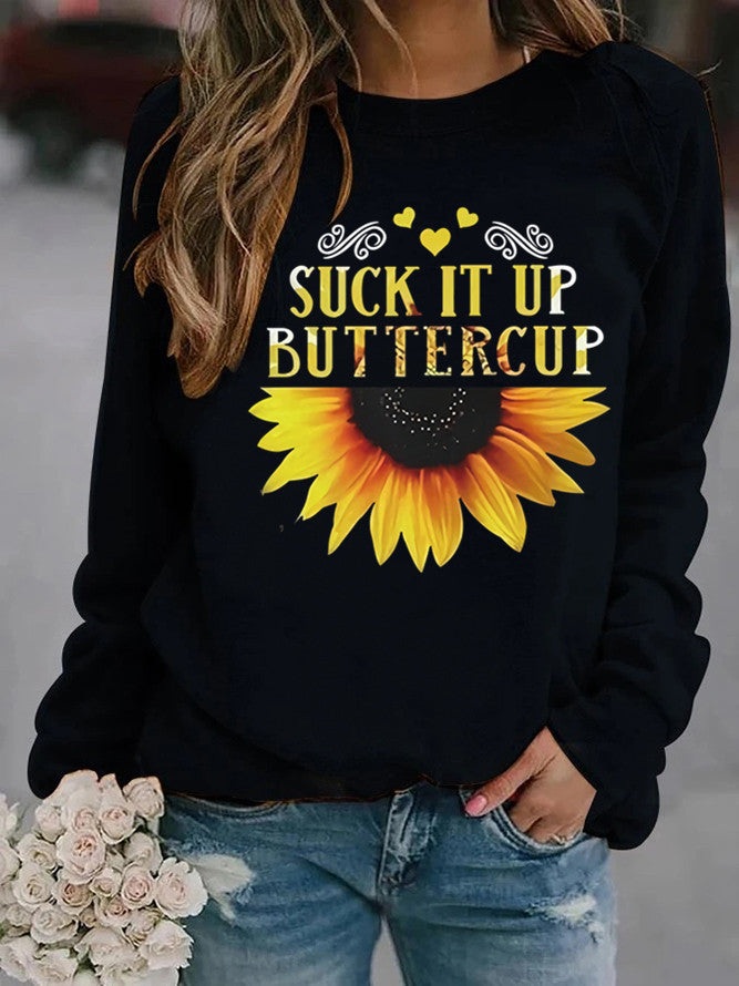 Kvinnors sweatshirt med kreativt solrostryck och motiverande citat Mirla-Eva Jonsson