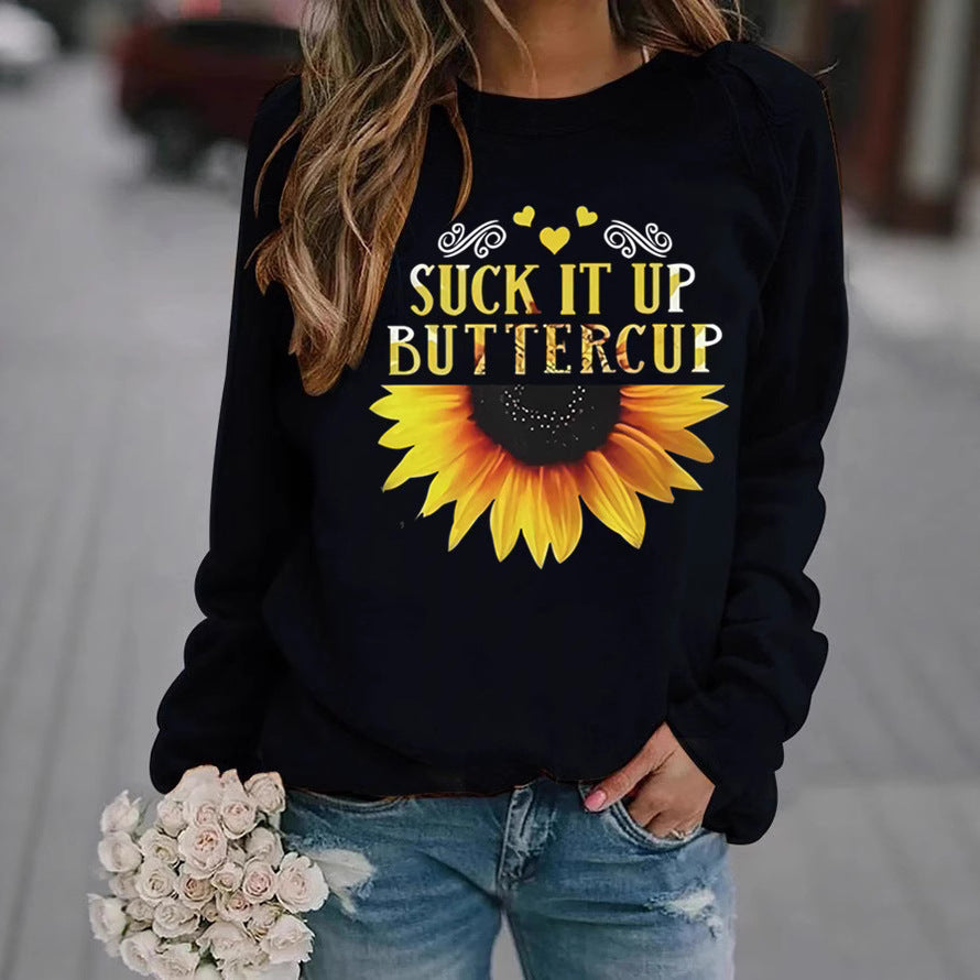 Kvinnors sweatshirt med kreativt solrostryck och motiverande citat Mirla-Eva Jonsson