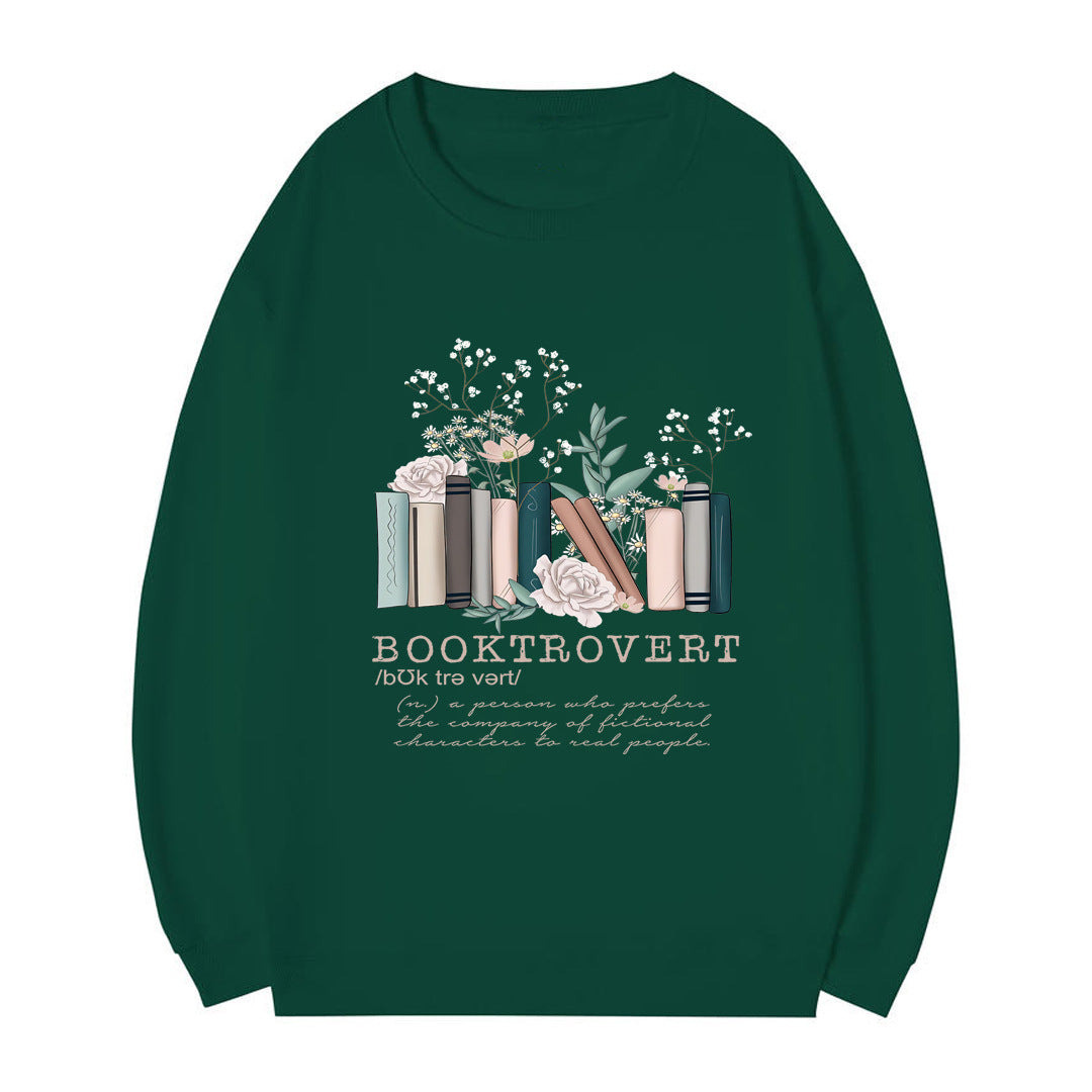 Kvinnors sweatshirt med lekfull bokdesign och inspirerande text Mirla-Eva Jonsson