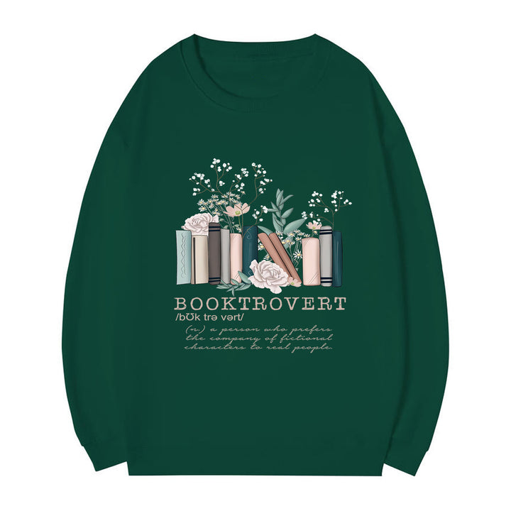 Kvinnors sweatshirt med lekfull bokdesign och inspirerande text Mirla-Eva Jonsson