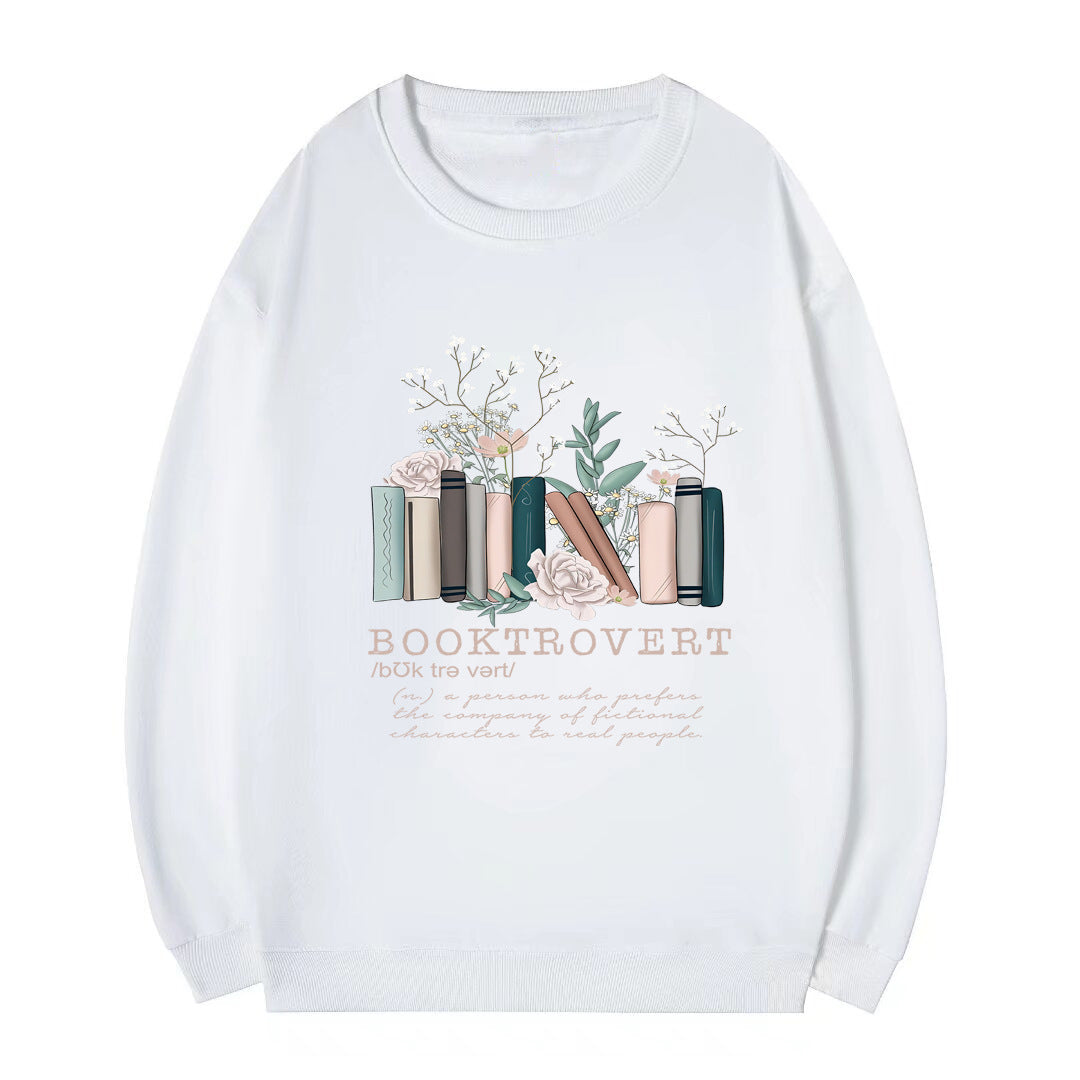Kvinnors sweatshirt med lekfull bokdesign och inspirerande text Mirla-Eva Jonsson